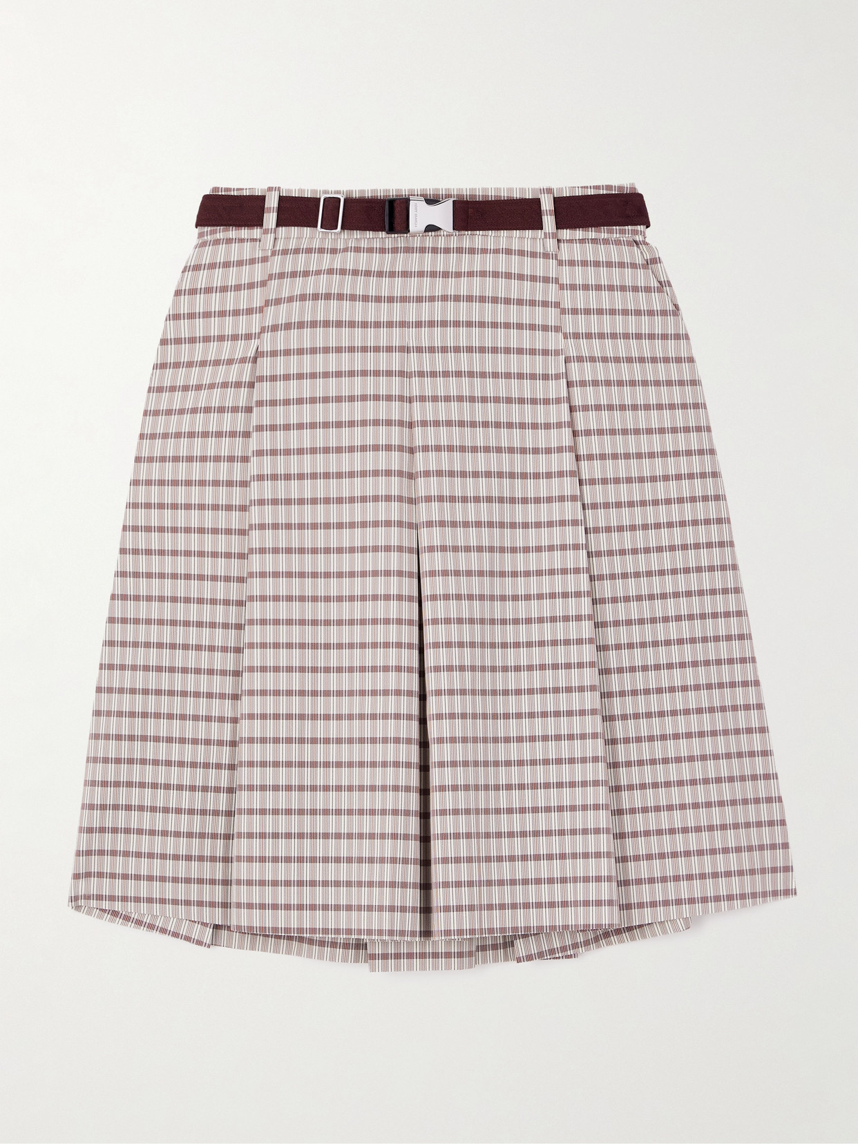 Tory Sport Belted Pleated Checked Twill Midi Skirt In Pink