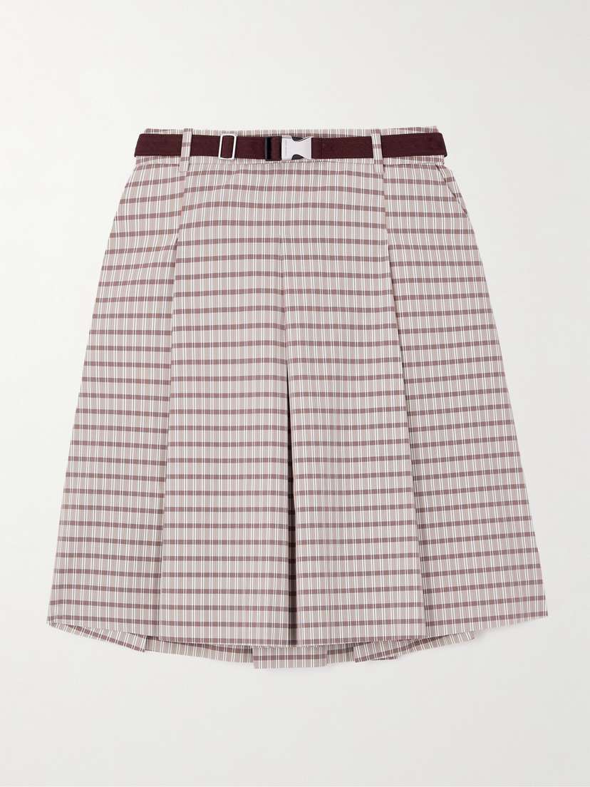 Tory Sport Belted Pleated Checked Twill Midi Skirt