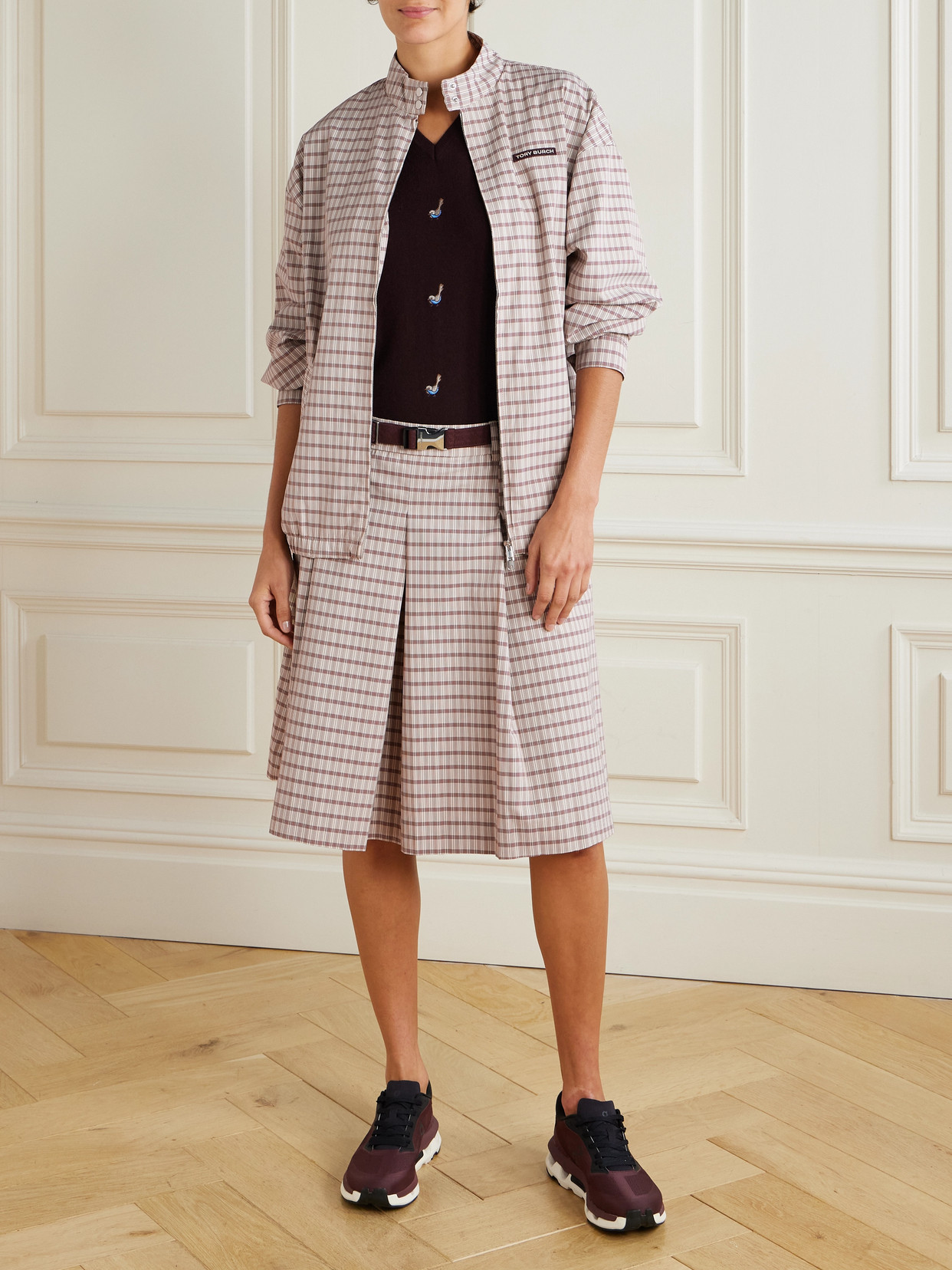 Tory Sport - Belted Pleated Checked Twill Midi