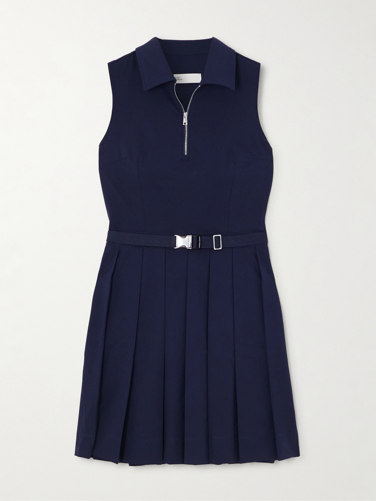 Tory Sport Belted Pleated Stretch-jersey Golf Mini Dress In Blue