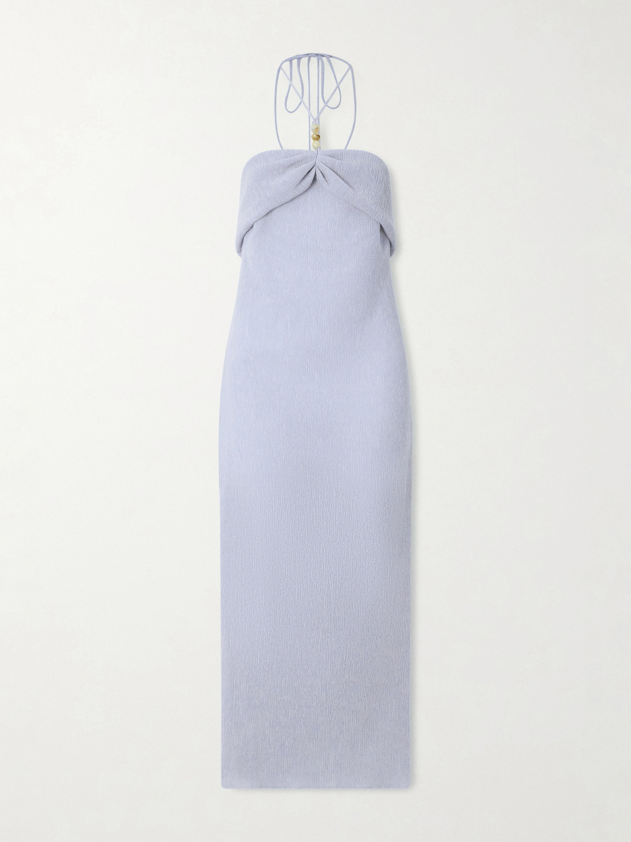 Magda Butrym Embellished Gathered Textured Lyocell-blend Halterneck Maxi Dress In Blue