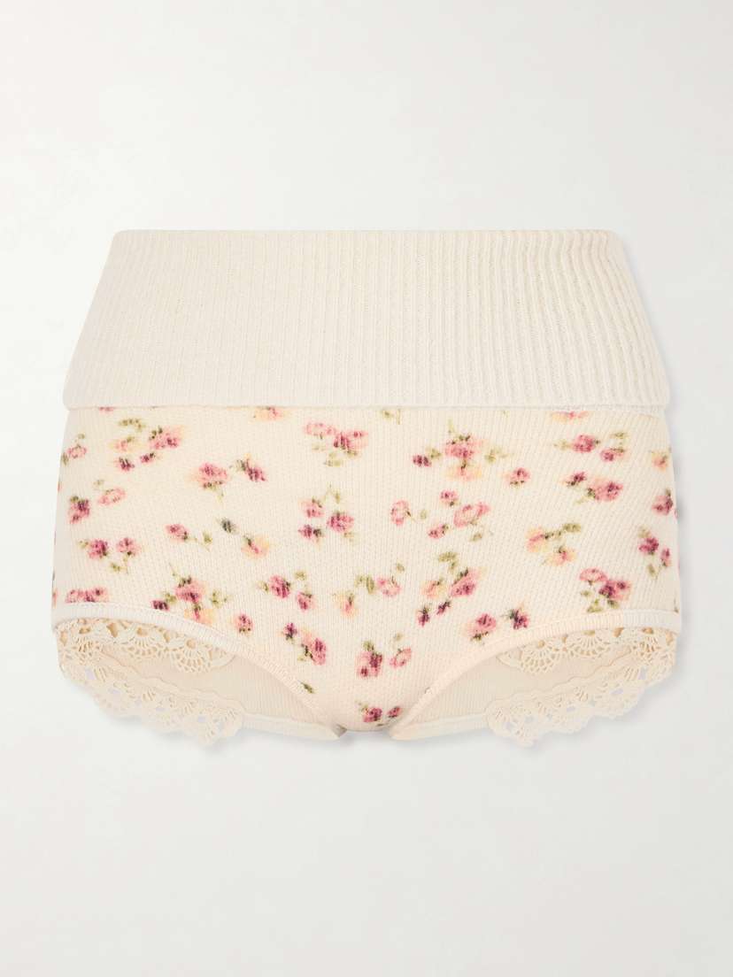 Magda Butrym Lace-trimmed Floral-print Ribbed Wool, Silk And Cashmere-blend Shorts
