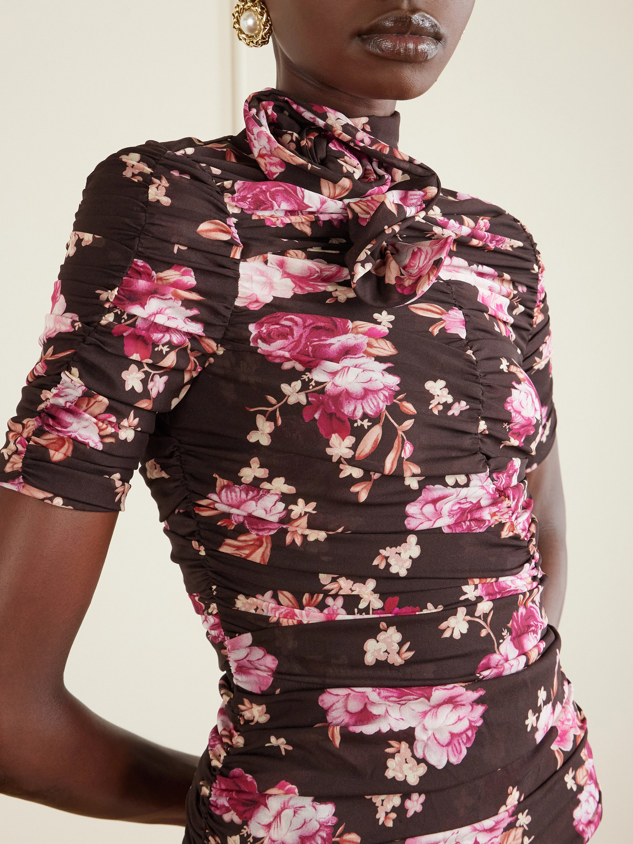Ruched Floral-Print Stretch-Silk Mock-Neck Top