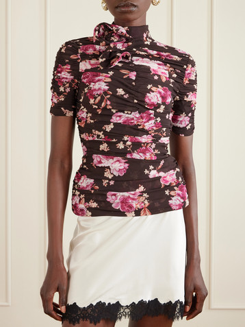 Magda Butrym Ruched floral-print stretch-silk mock-neck top