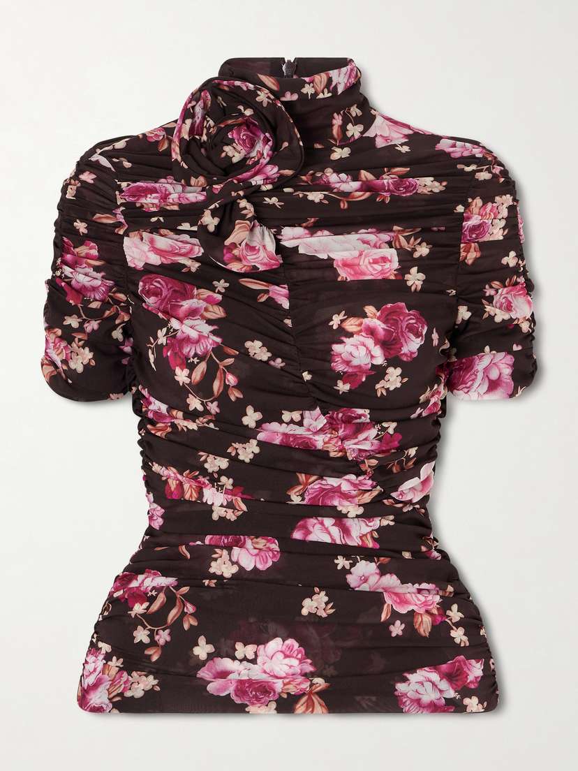 Magda Butrym Ruched Floral-print Stretch-silk Mock-neck Top