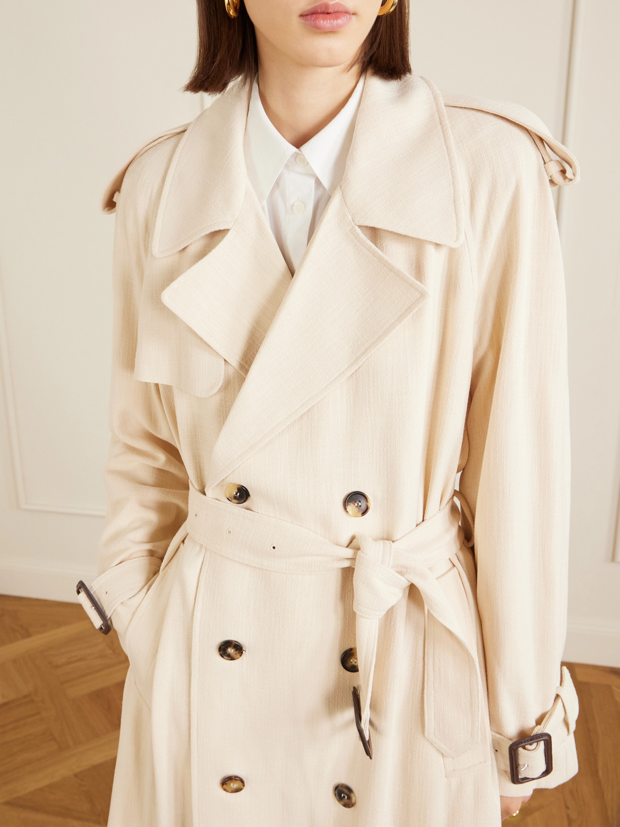 Wardrobe.nyc Double-breasted Belted Technical Shell Trench Coat In Neutral