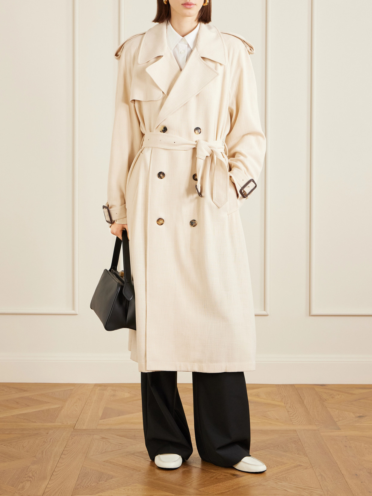 Wardrobe.nyc Double-breasted Belted Technical Shell Trench Coat In Neutral