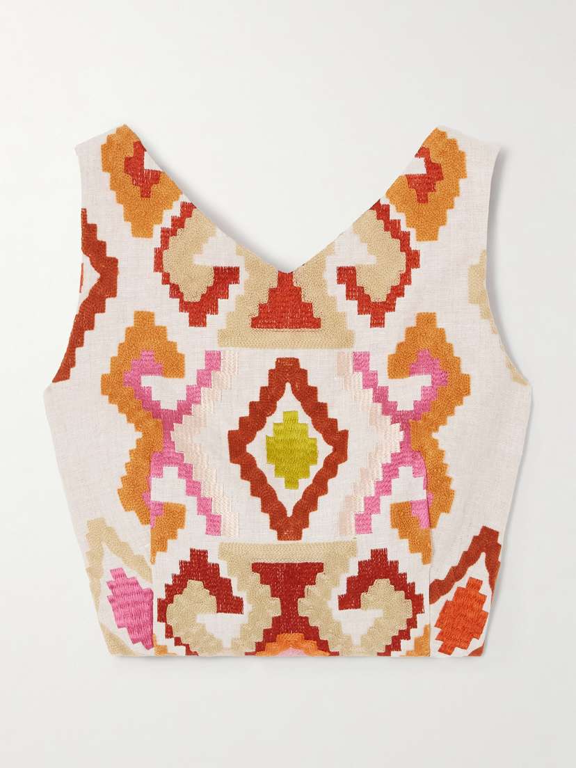 Marta Ferri Santorini Cropped Embroidered Linen-blend Top