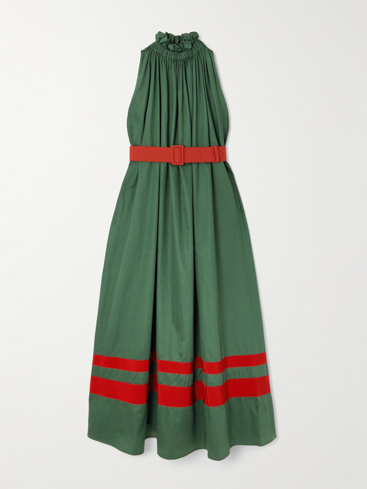 Marta Ferri Camogli Belted Ruched Grosgrain-trimmed Cotton-poplin Halterneck Midi Dress In Green