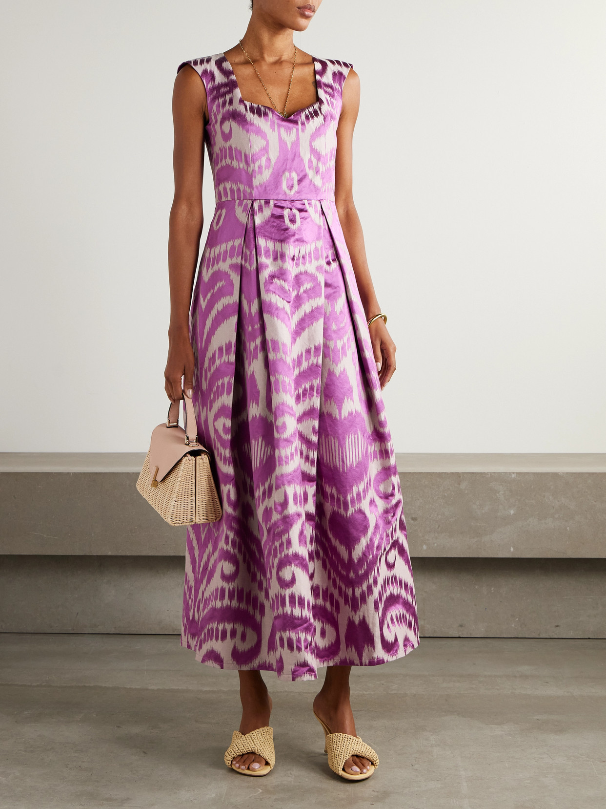 Marta Ferri Guenda Pleated Cotton, Silk And Linen-blend Jacquard Midi Dress In Pink