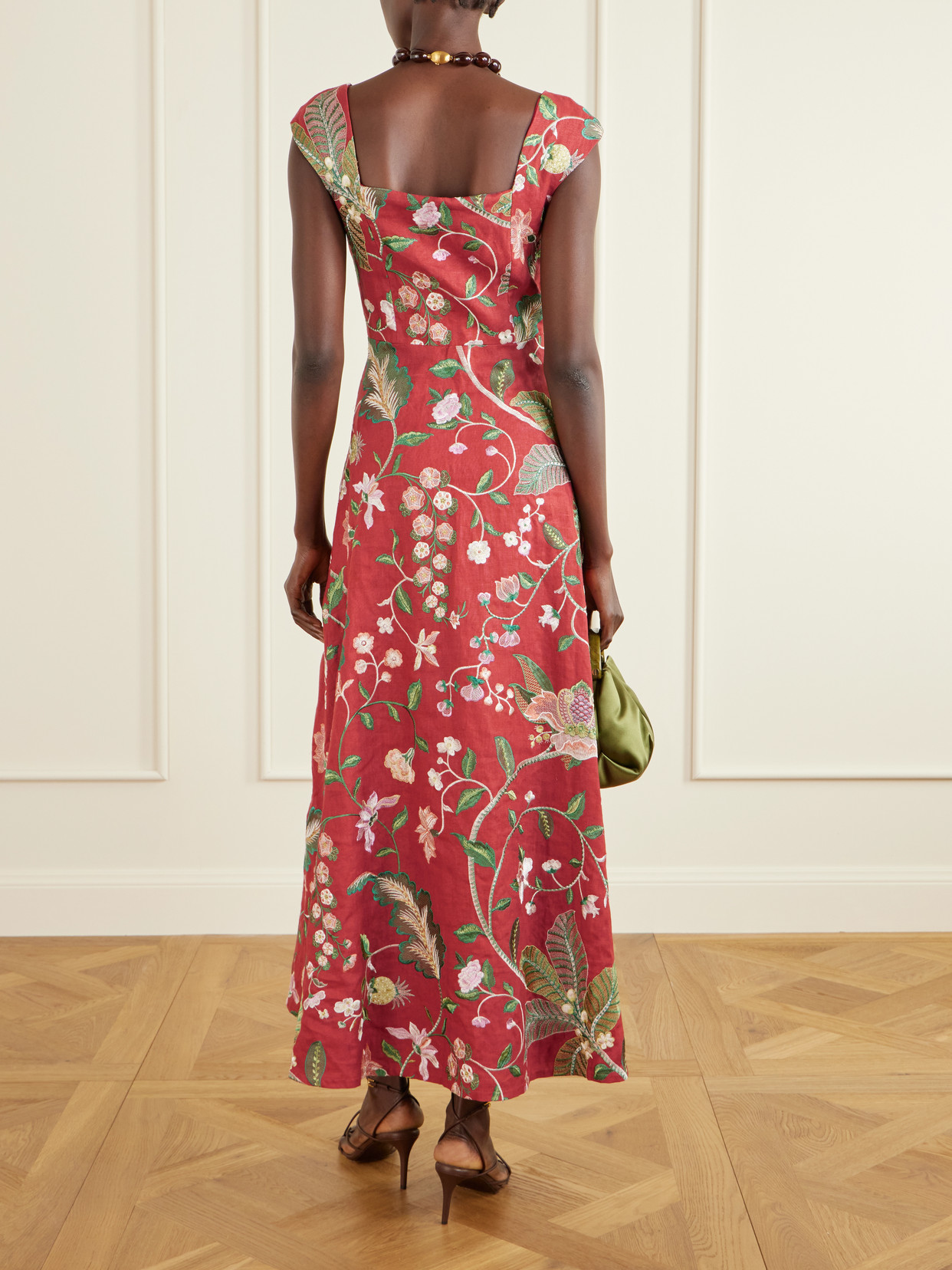 Marta Ferri Farfalle Embroidered Linen-blend Maxi Dress In Red