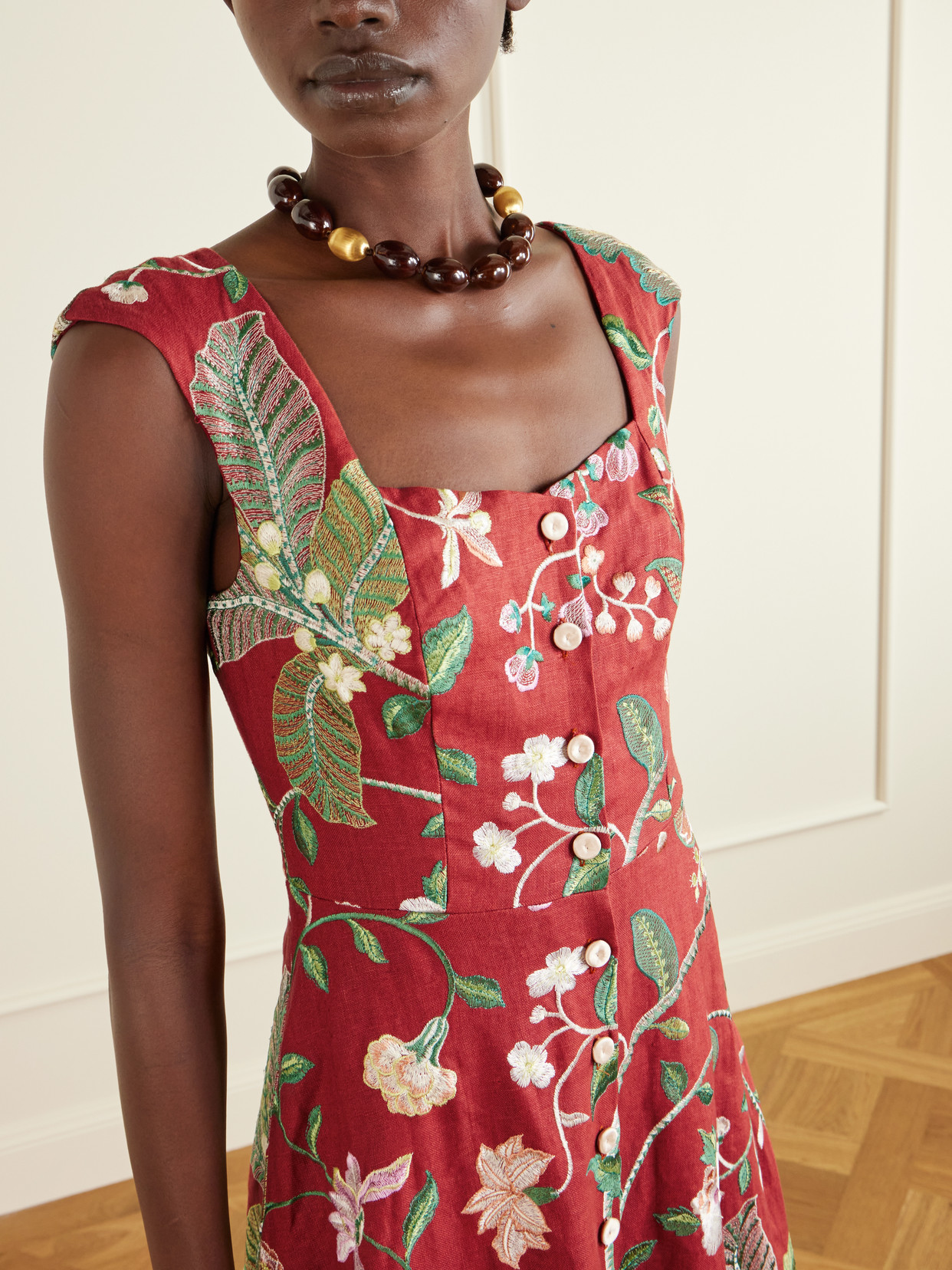 Marta Ferri Farfalle Embroidered Linen-blend Maxi Dress In Red