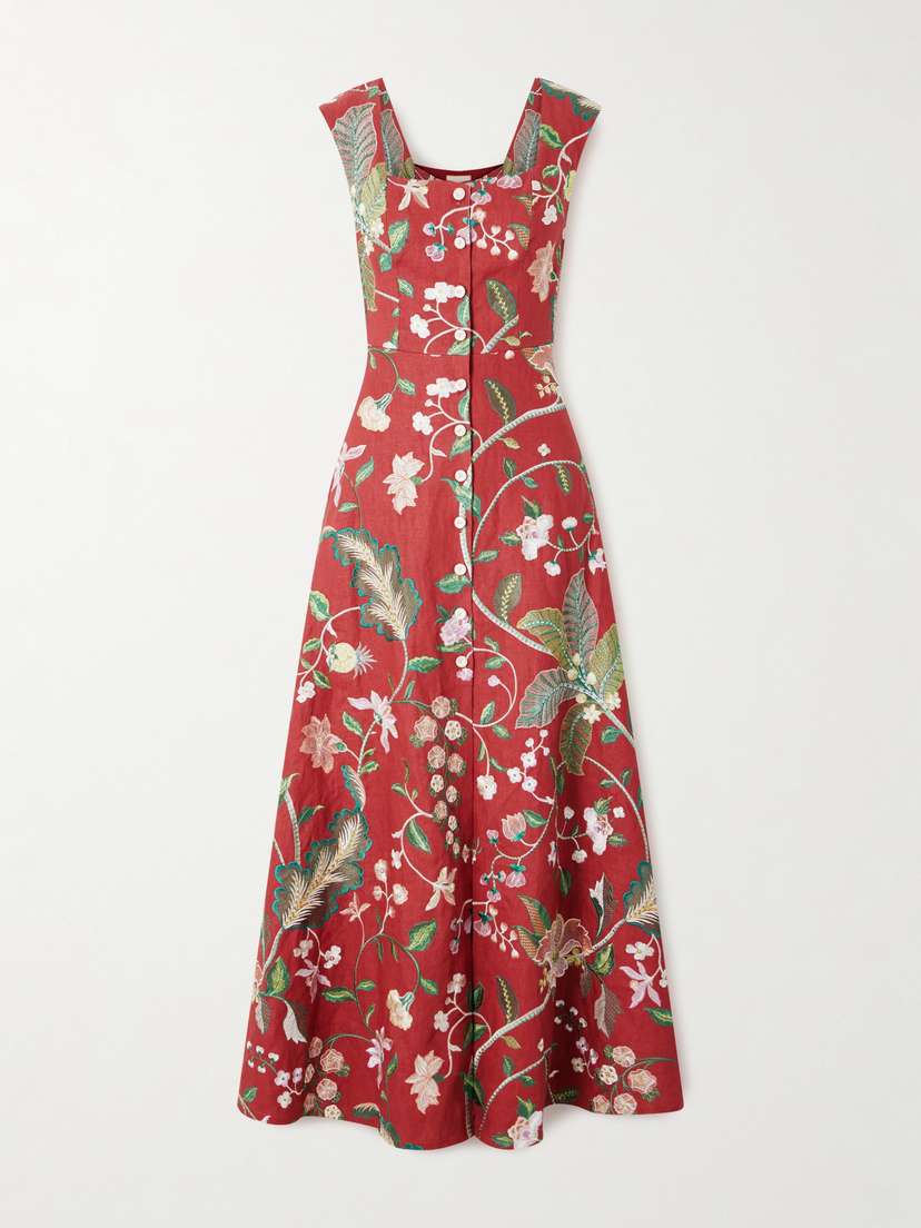 Marta Ferri Farfalle Embroidered Linen-blend Maxi Dress