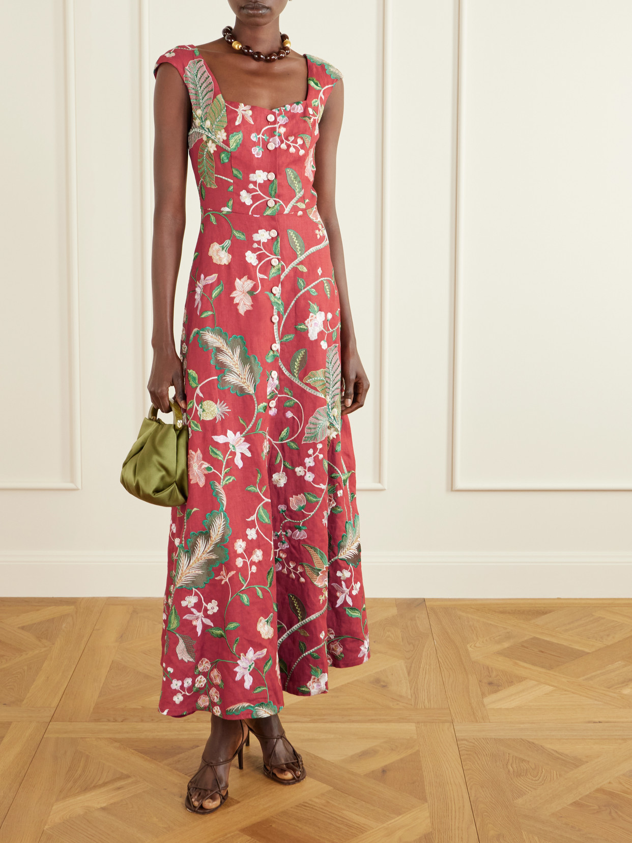 Marta Ferri Farfalle Embroidered Linen-blend Maxi Dress In Red