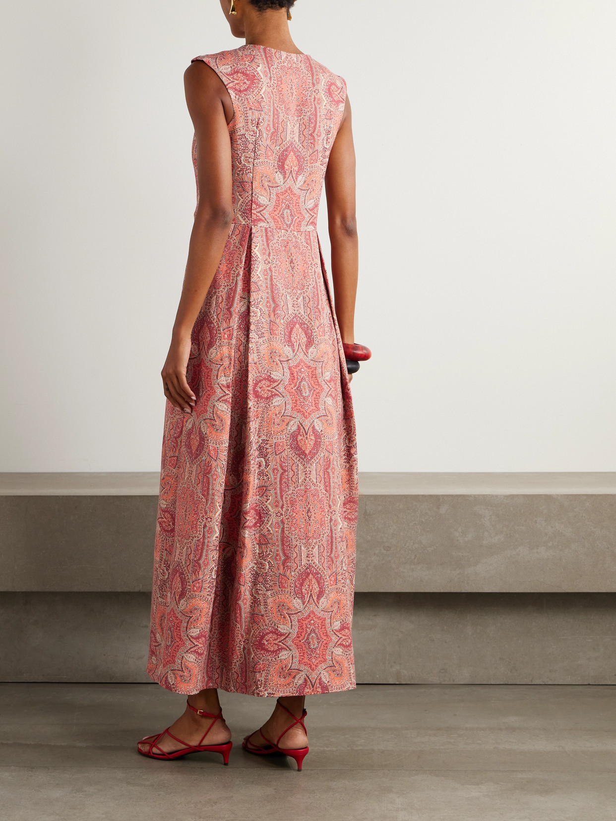 Marta Ferri Pleated Printed Linen Vest In Burgundy