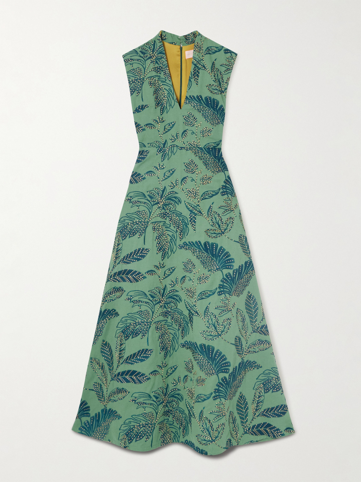Marta Ferri Eugenio Embroidered Canvas Maxi Dress In Green