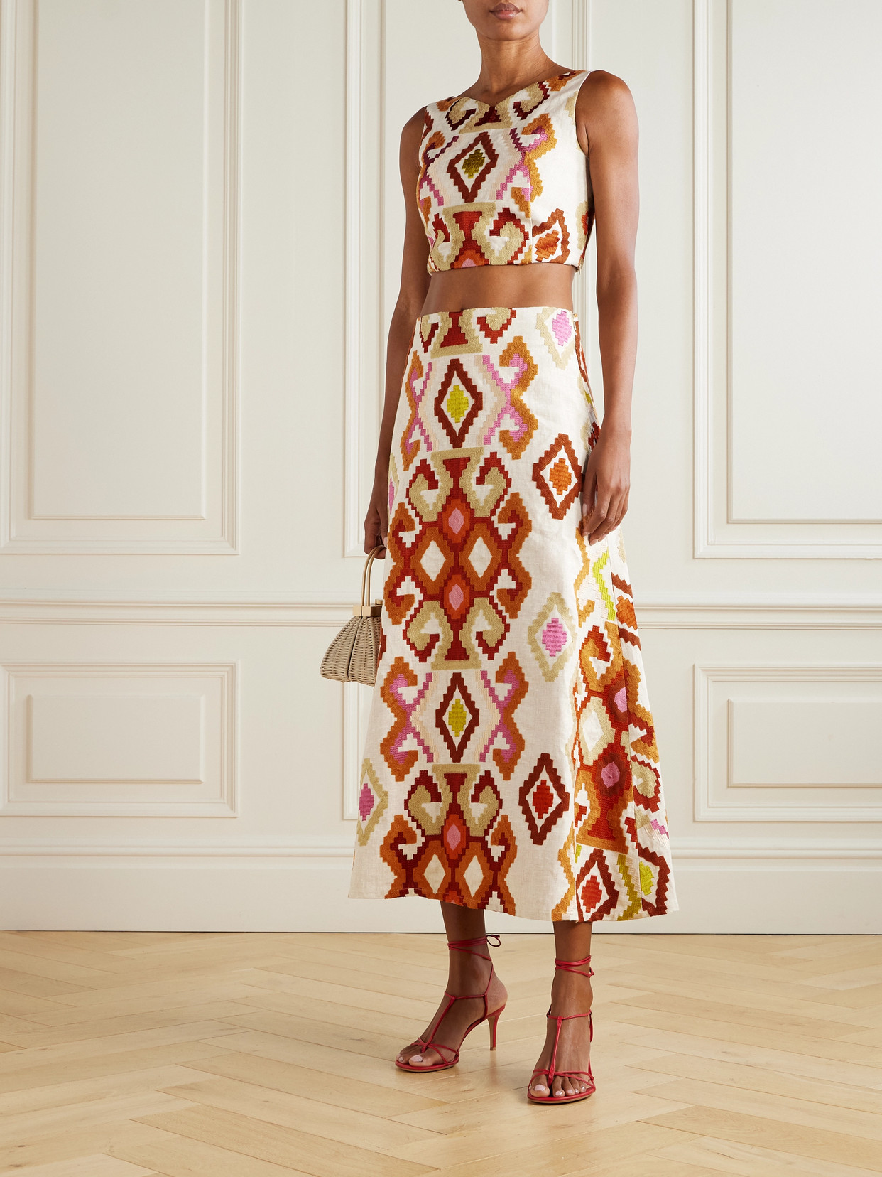 Marta Ferri Santorini Embroidered Linen-blend Midi Skirt In Multi