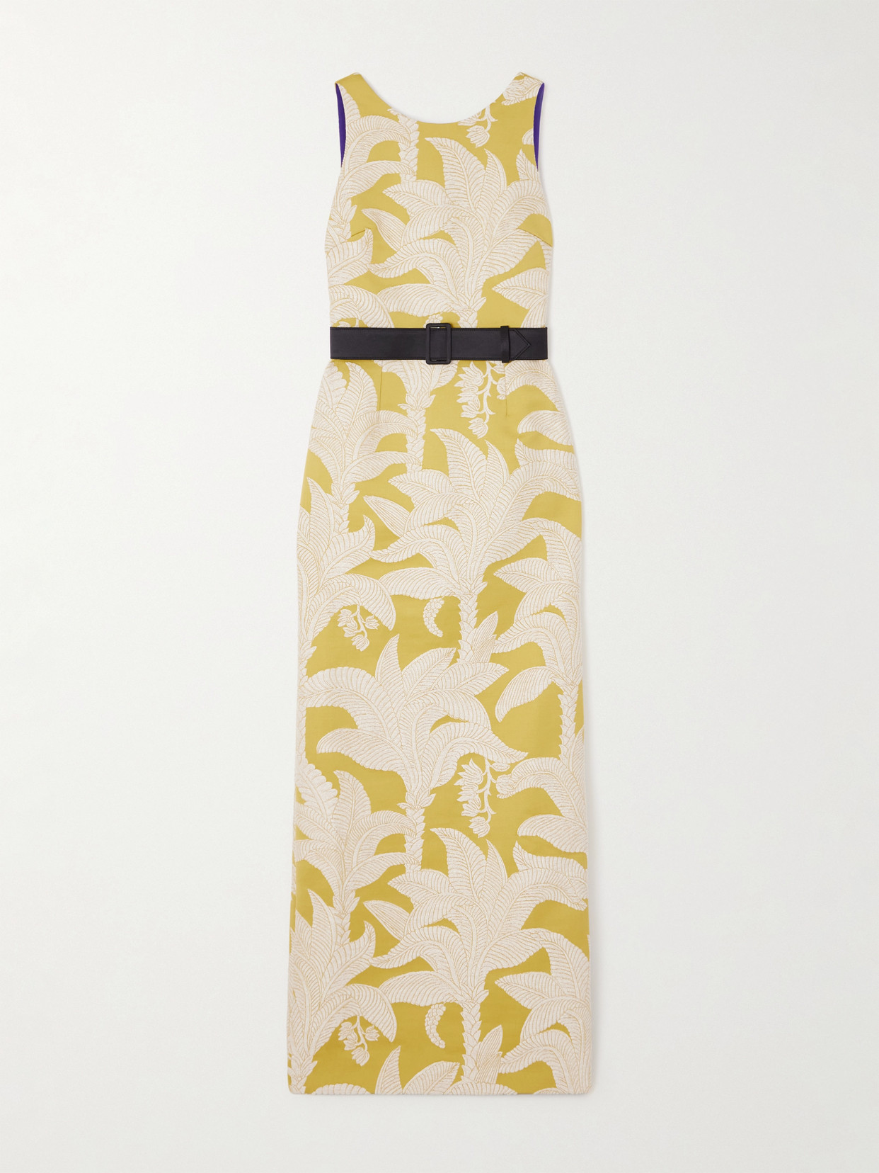 Marta Ferri Angera Belted Open-back Cotton-blend Brocade Maxi Dress In Green
