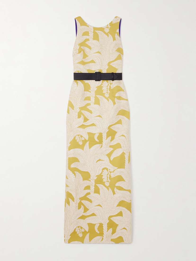 Marta Ferri Angera Belted Open-back Cotton-blend Brocade Maxi Dress
