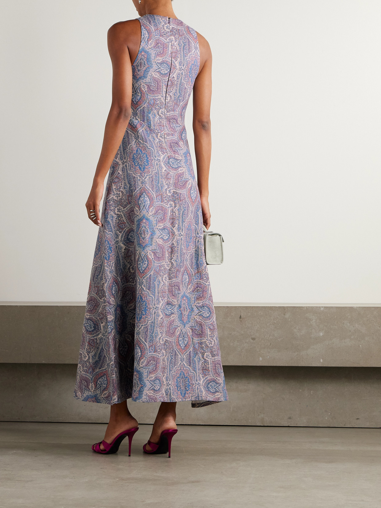 Marta Ferri Colonna Printed Linen Midi Dress In Blue