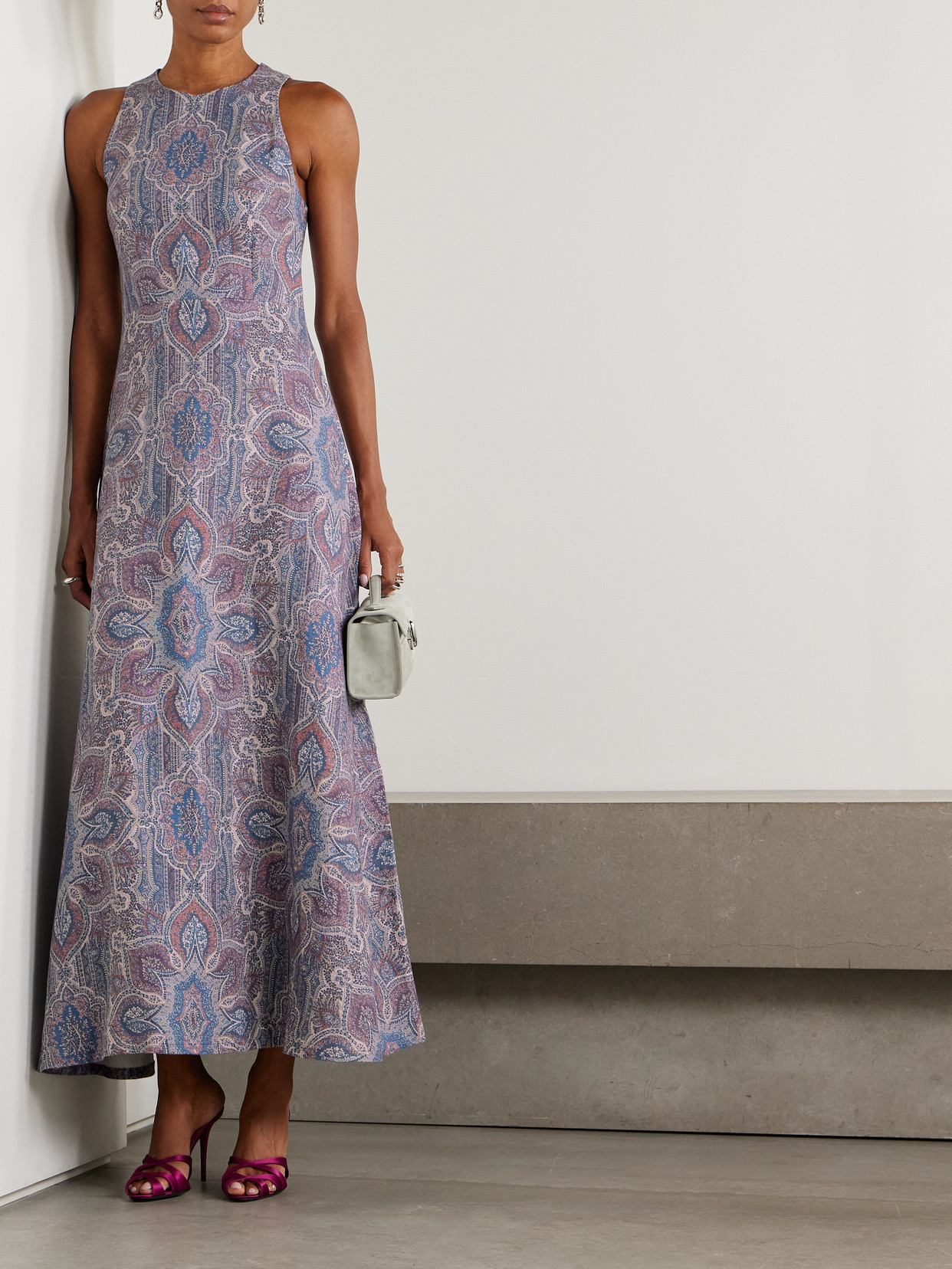 Marta Ferri Colonna Printed Linen Midi Dress In Blue