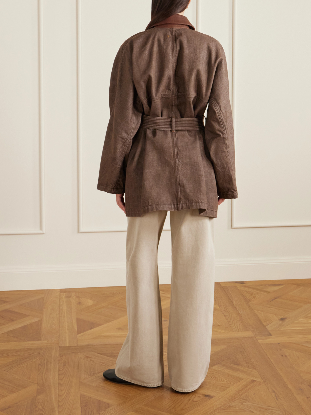 Sweep Belted Leather-Trimmed Denim Jacket