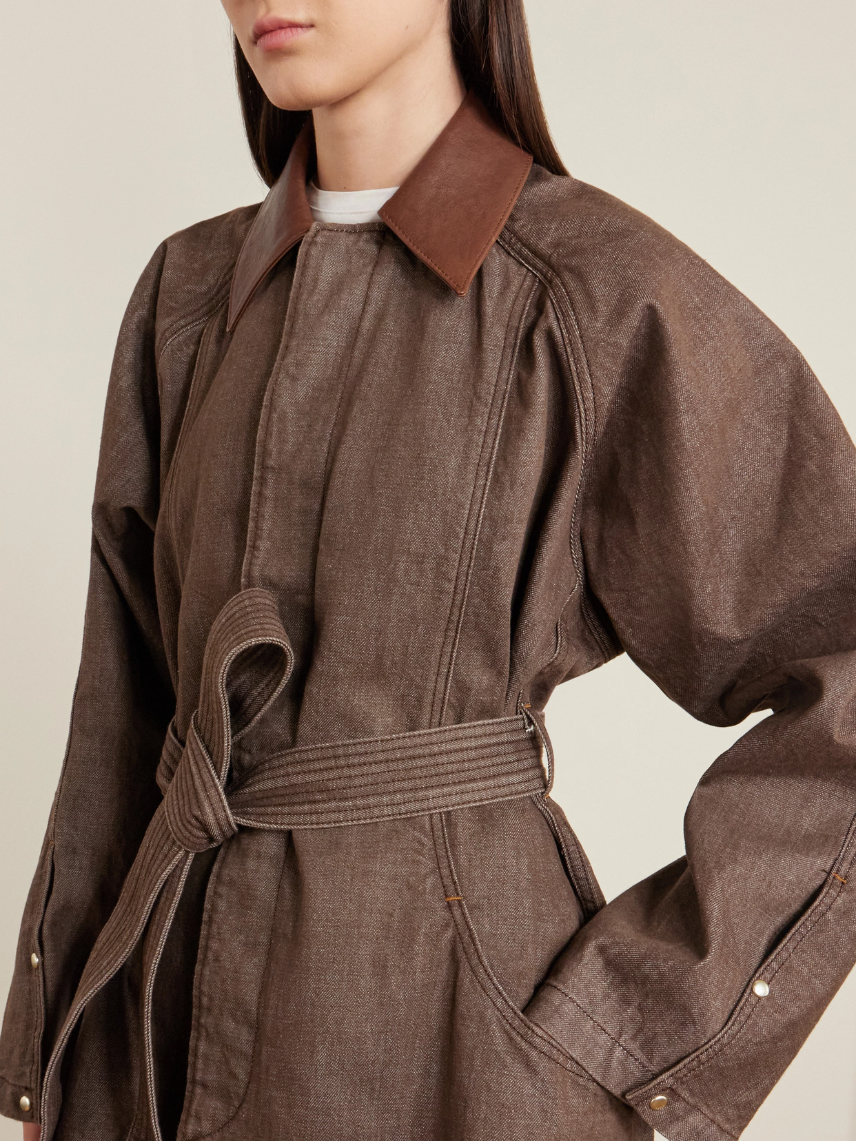 Sweep Belted Leather-Trimmed Denim Jacket