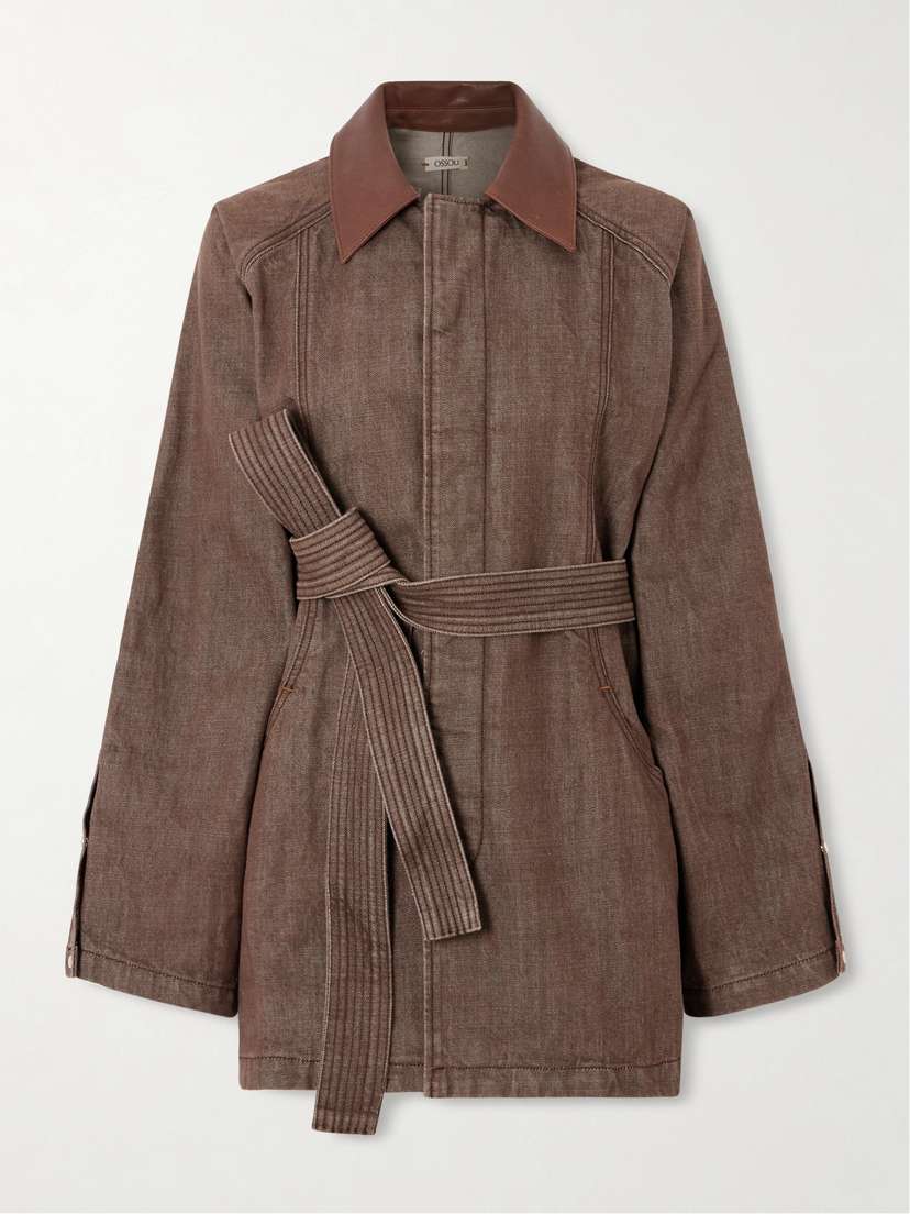OSSOU Sweep Belted Leather-trimmed Denim Jacket