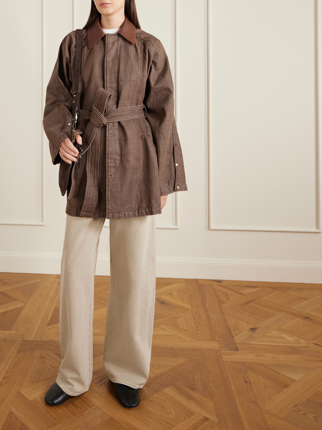 Sweep Belted Leather-Trimmed Denim Jacket
