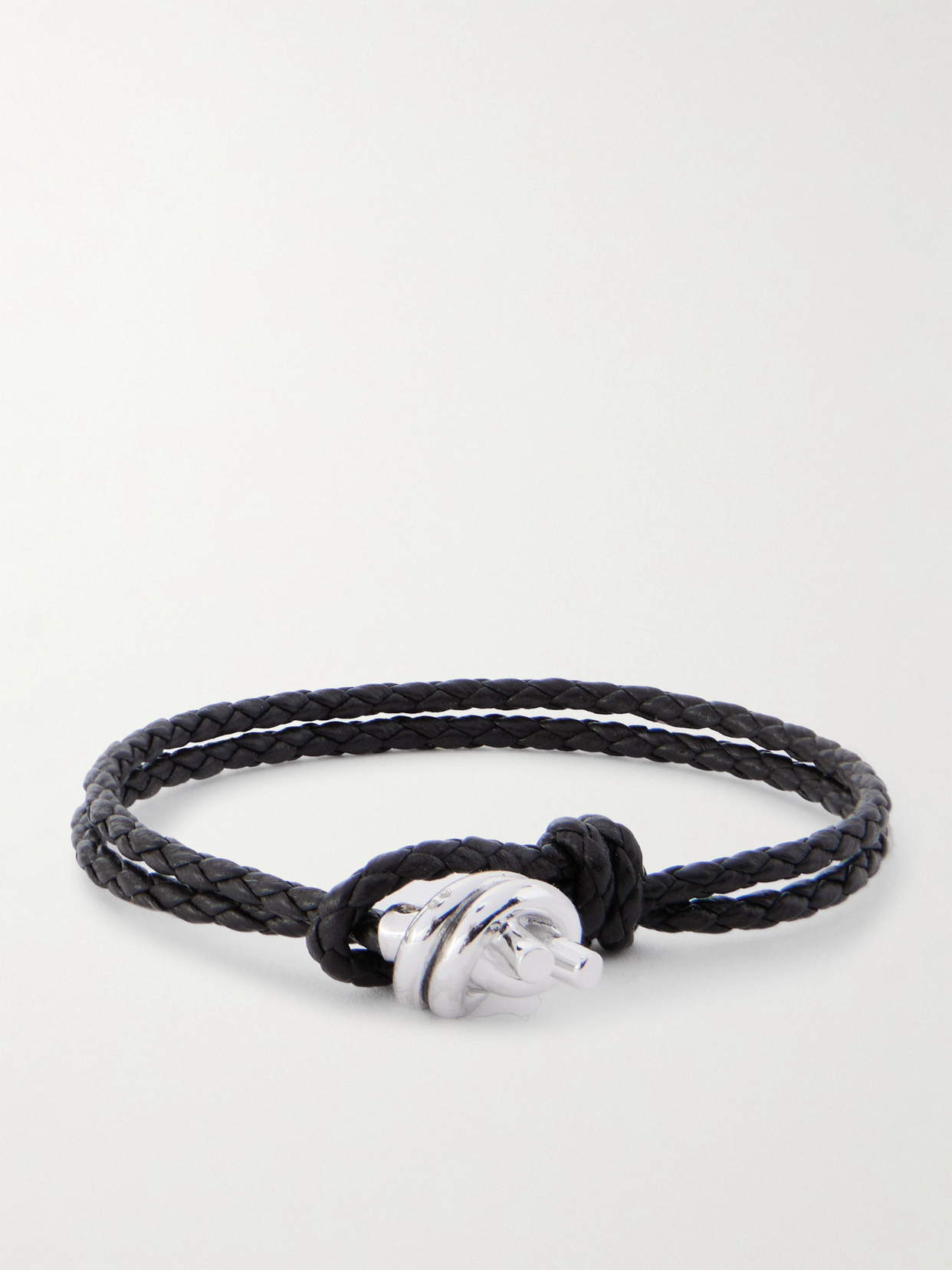Bottega Veneta Silver And Intrecciato Leather Bracelet In Brown