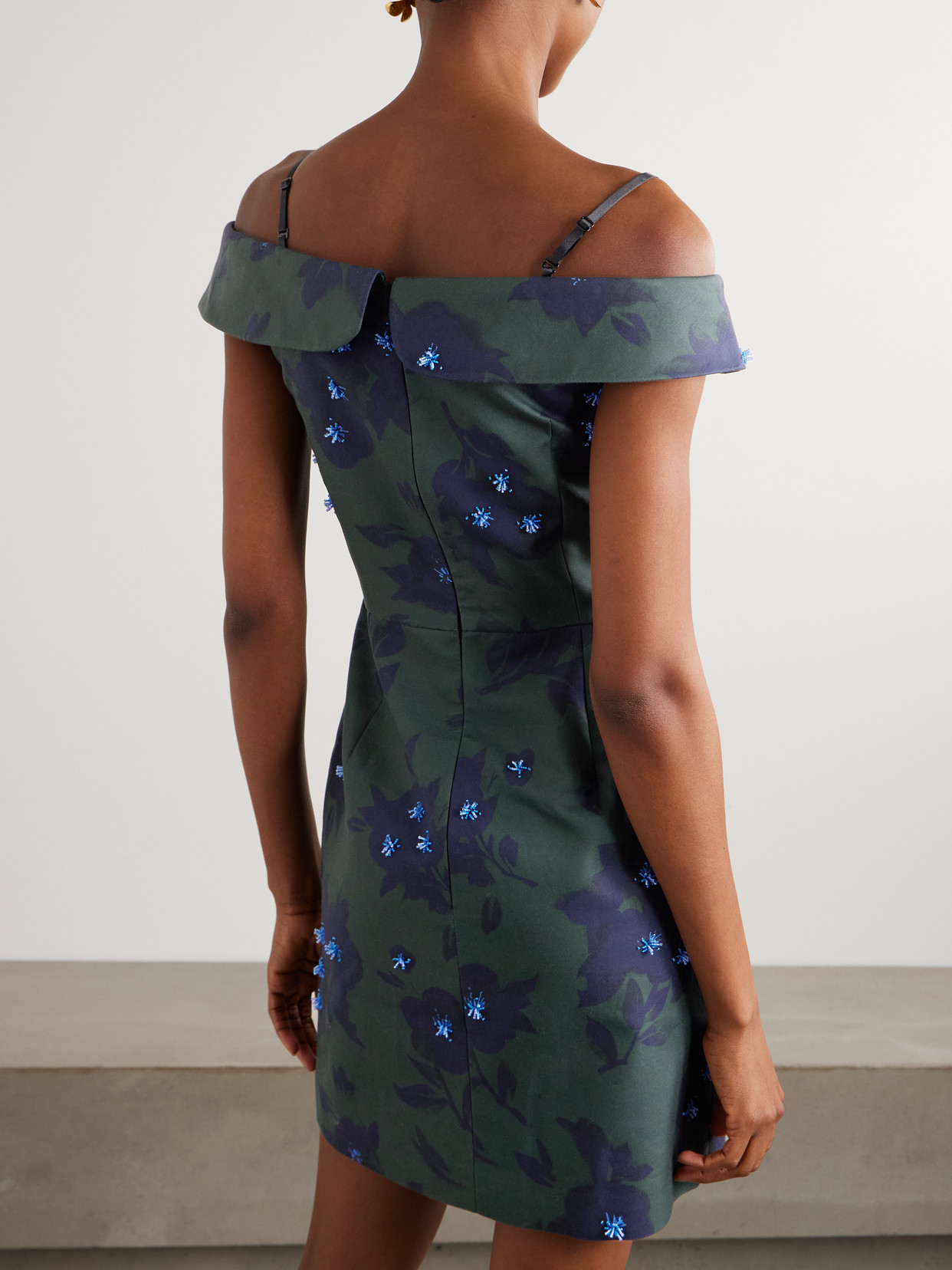 Shushu-tong Asymmetric Off-the-shoulder Embellished Floral-print Cotton Mini Dress In Green