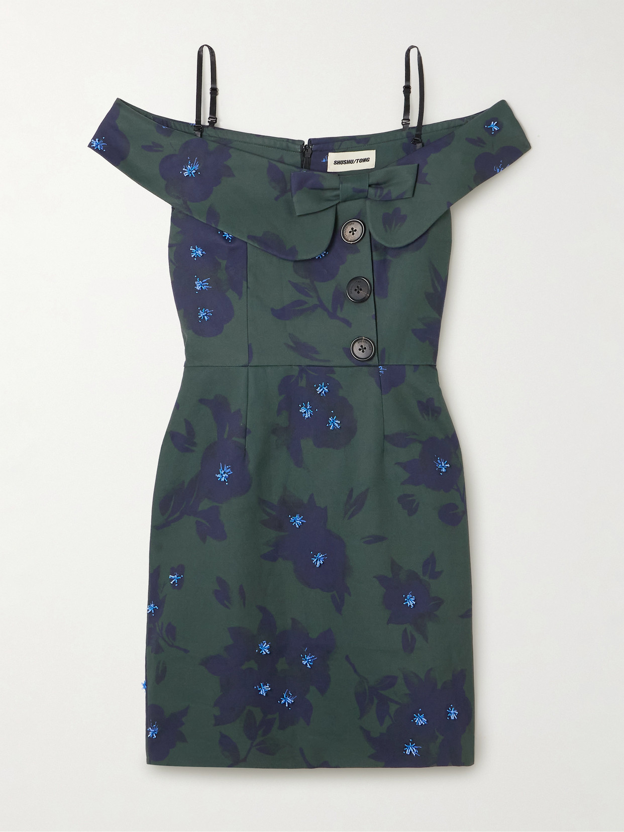 Shushu-tong Asymmetric Off-the-shoulder Embellished Floral-print Cotton Mini Dress In Green