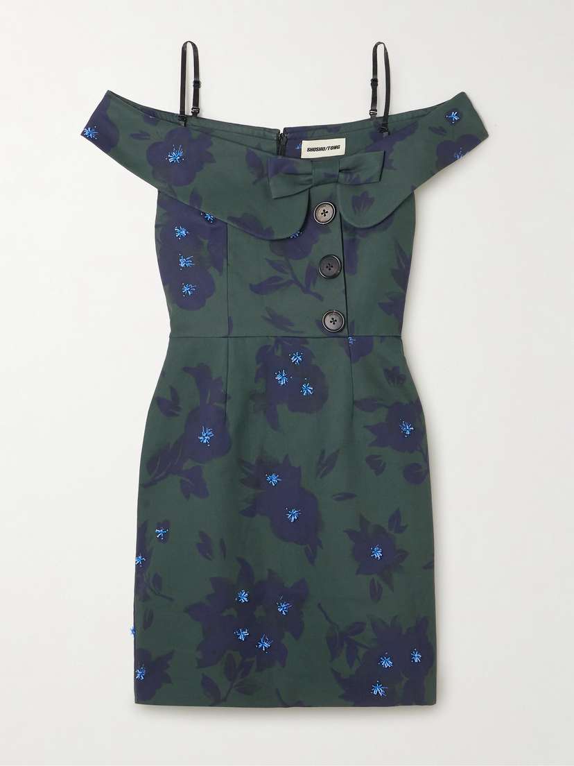 SHUSHU/TONG Asymmetric Off-the-shoulder Embellished Floral-print Cotton Mini Dress