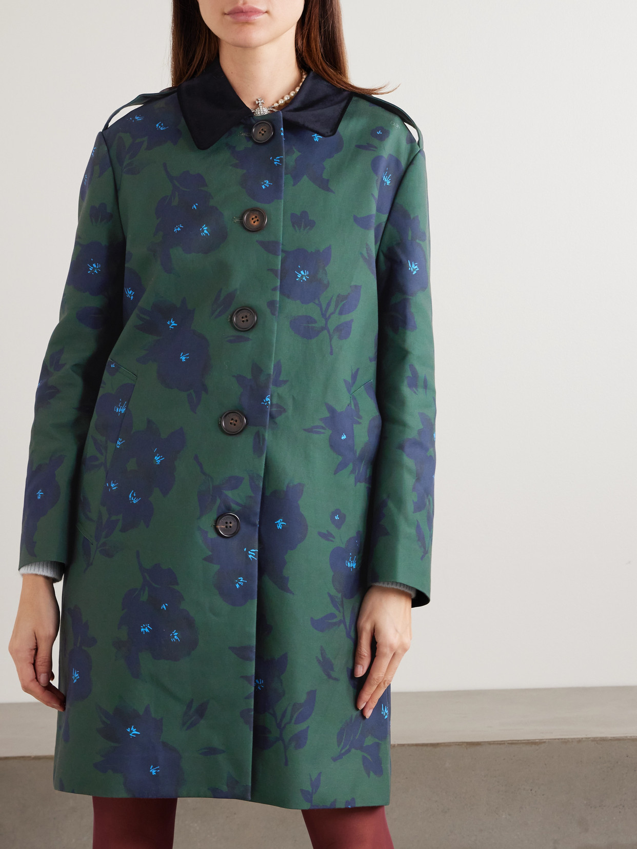 Shushu-tong Velvet-trimmed Floral-print Woven Trench Coat In Multi