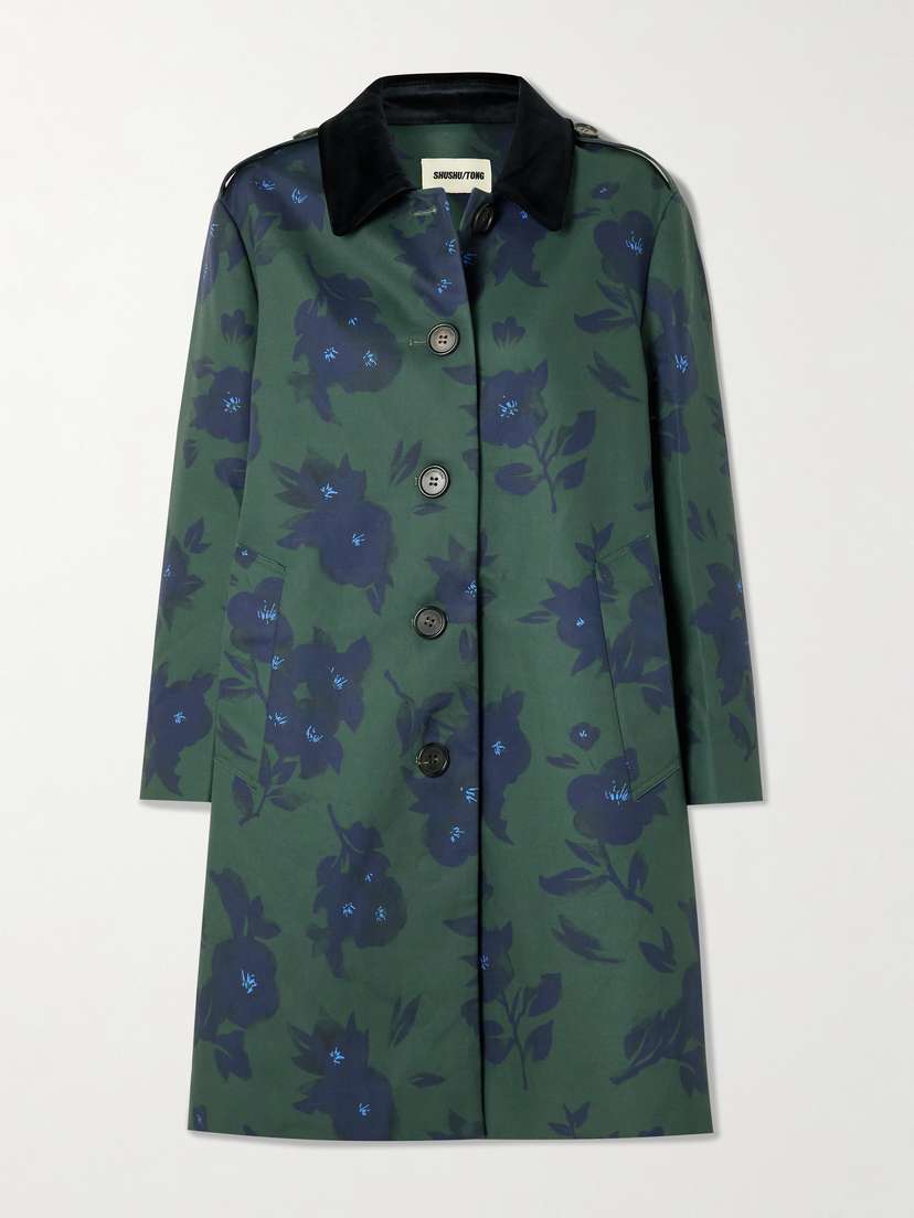 SHUSHU/TONG Velvet-trimmed Floral-print Woven Trench Coat