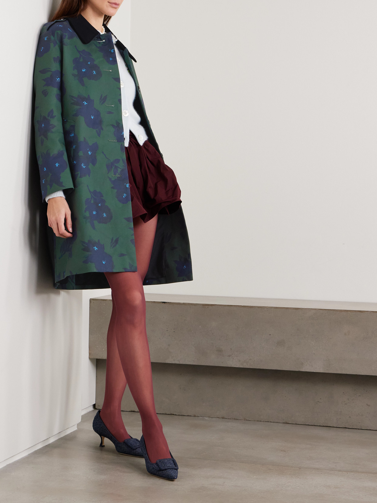 Shushu-tong Velvet-trimmed Floral-print Woven Trench Coat In Multi