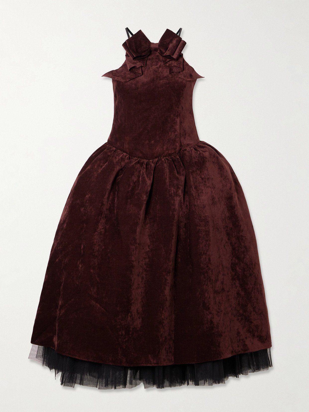 Shushu-tong Bow-embellished Crushed-velvet Midi Dress In Burgundy