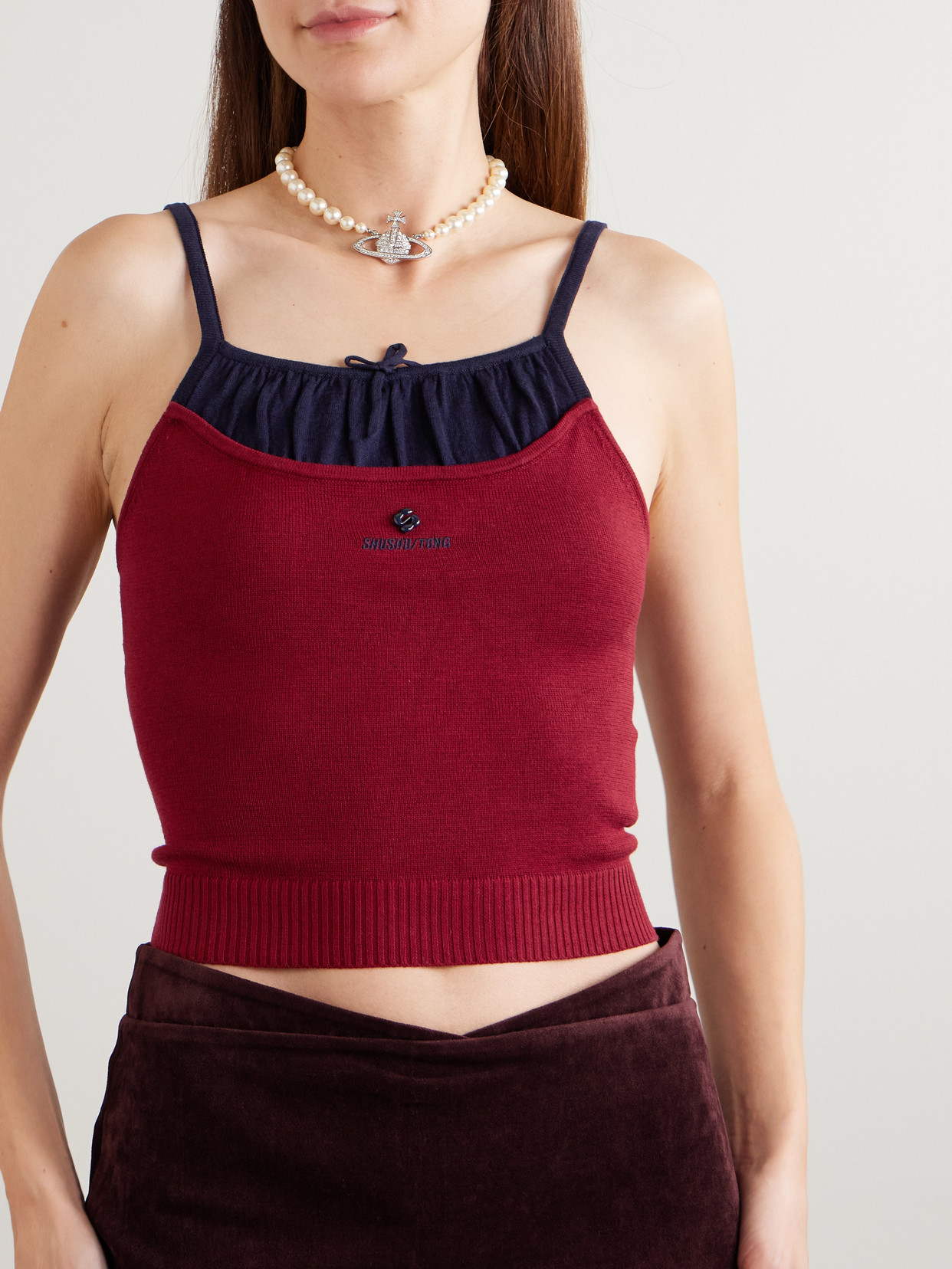 Shushu-tong Cropped Embellished Embroidered Silk And Cashmere-blend Camisole In Burgundy