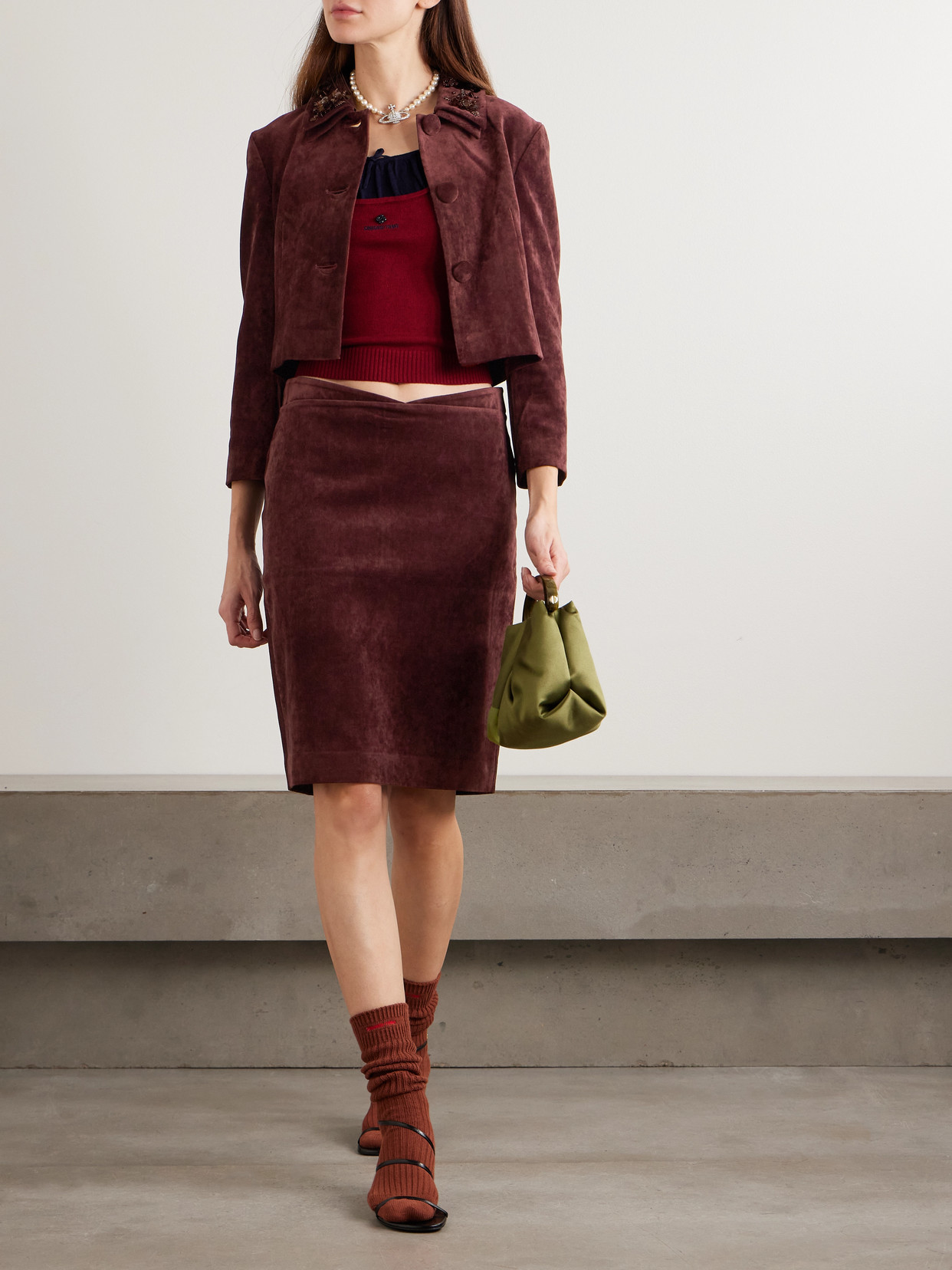 Shushu-tong Cropped Embellished Embroidered Silk And Cashmere-blend Camisole In Burgundy