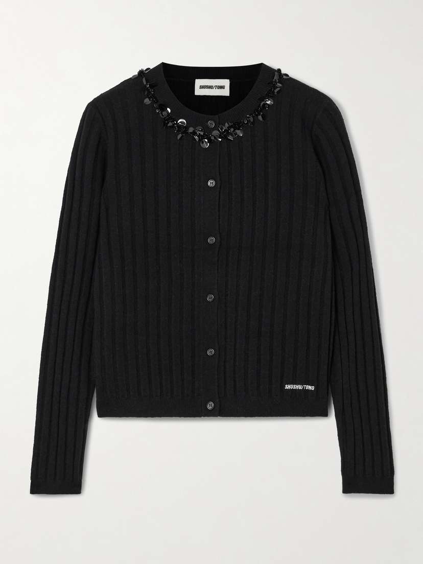 SHUSHU/TONG Embellished Embroidered Ribbed Wool-blend Cardigan