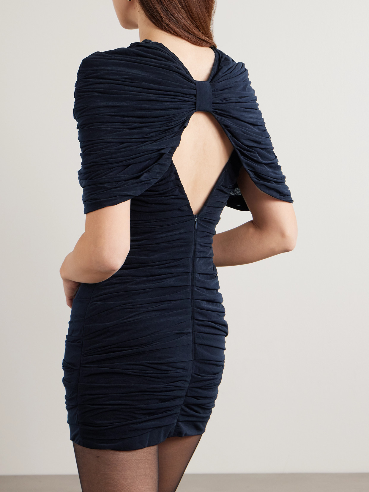 Shushu-tong Bow-embellished Velvet-trimmed Gathered Jersey Mini Dress In Blue