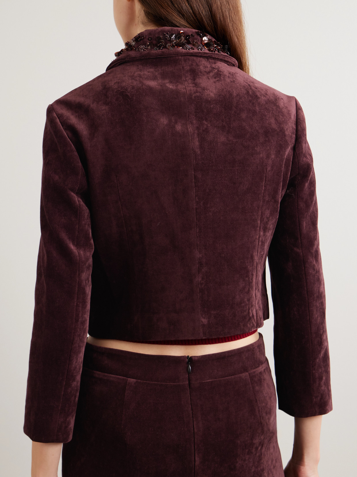 Shushu-tong Cropped Embellished Velvet Jacket In Burgundy