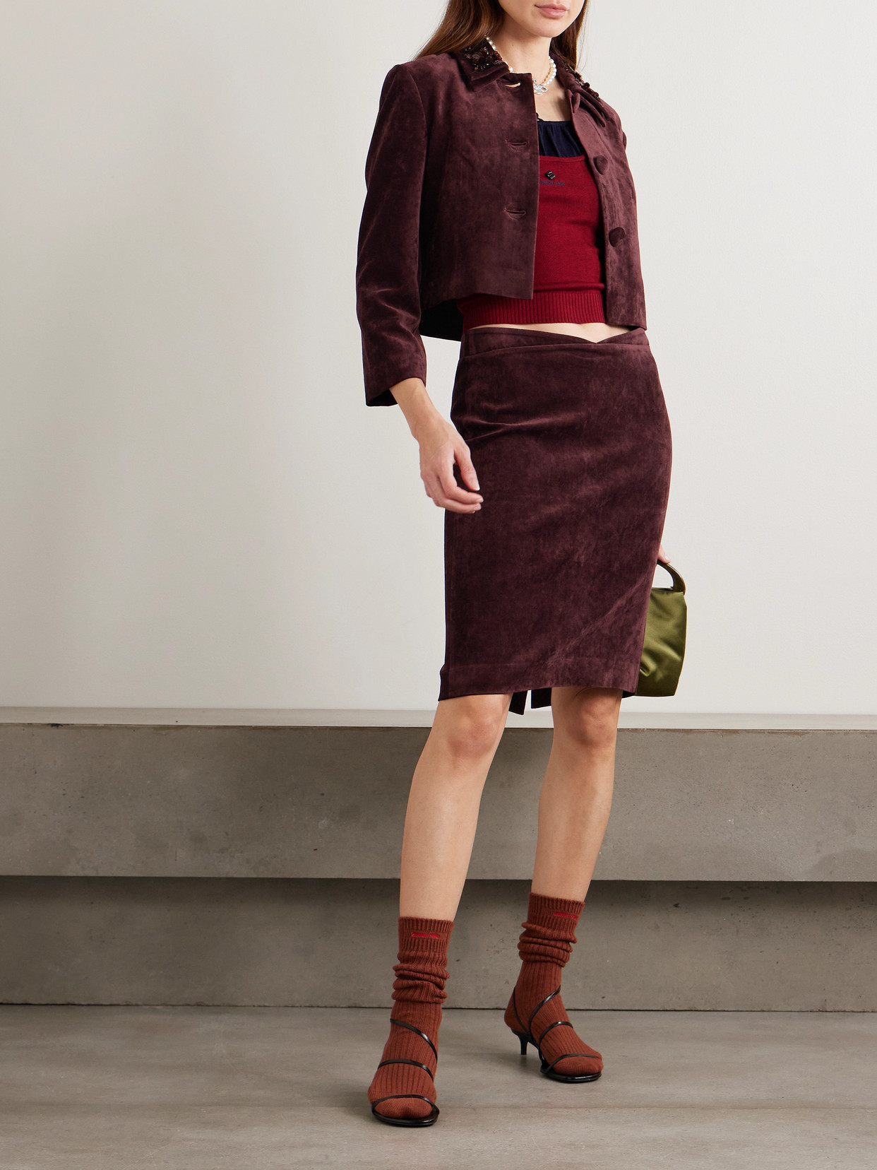 Shushu-tong Cropped Embellished Velvet Jacket In Burgundy