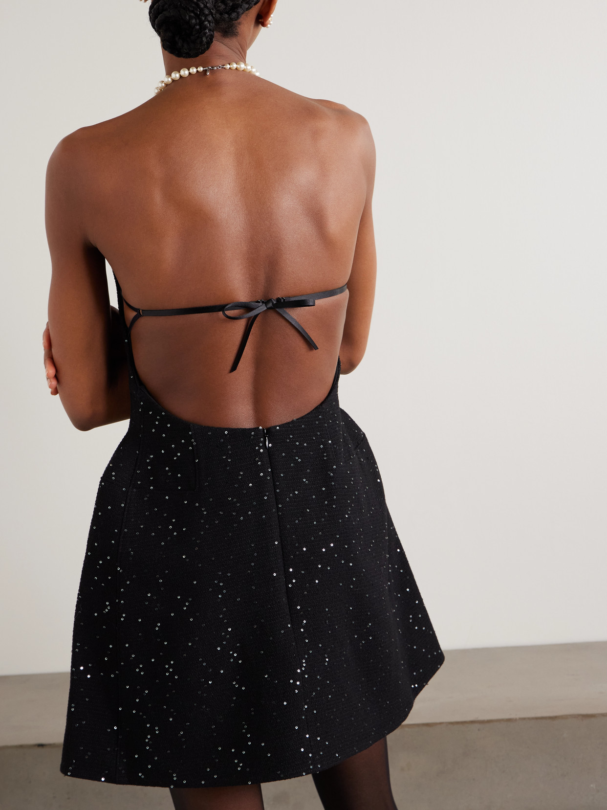 Shushu-tong Strapless Bow-detailed Sequin-embellished Wool-blend Mini Dress In Black