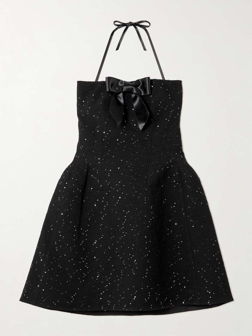 SHUSHU/TONG Strapless Bow-detailed Sequin-embellished Wool-blend Mini Dress