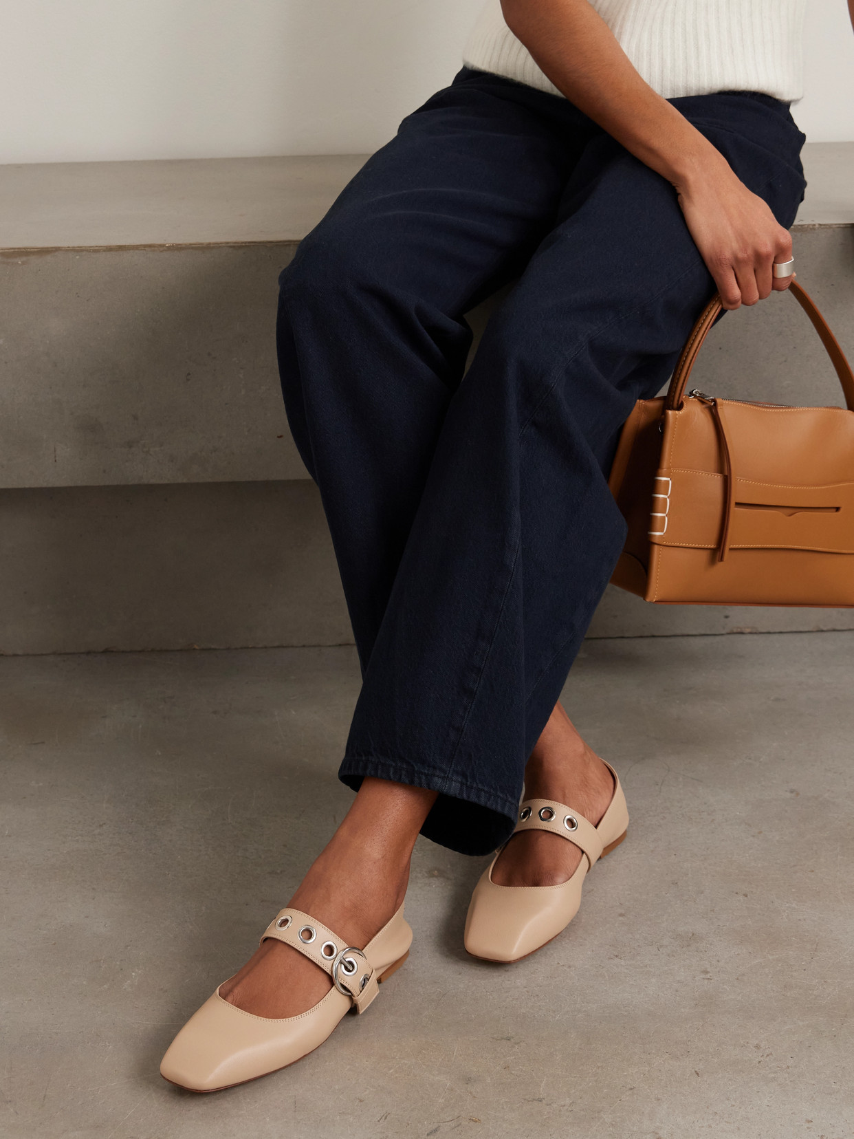 Uma Eyelet-Embellished Leather Mary Jane Ballet Flats