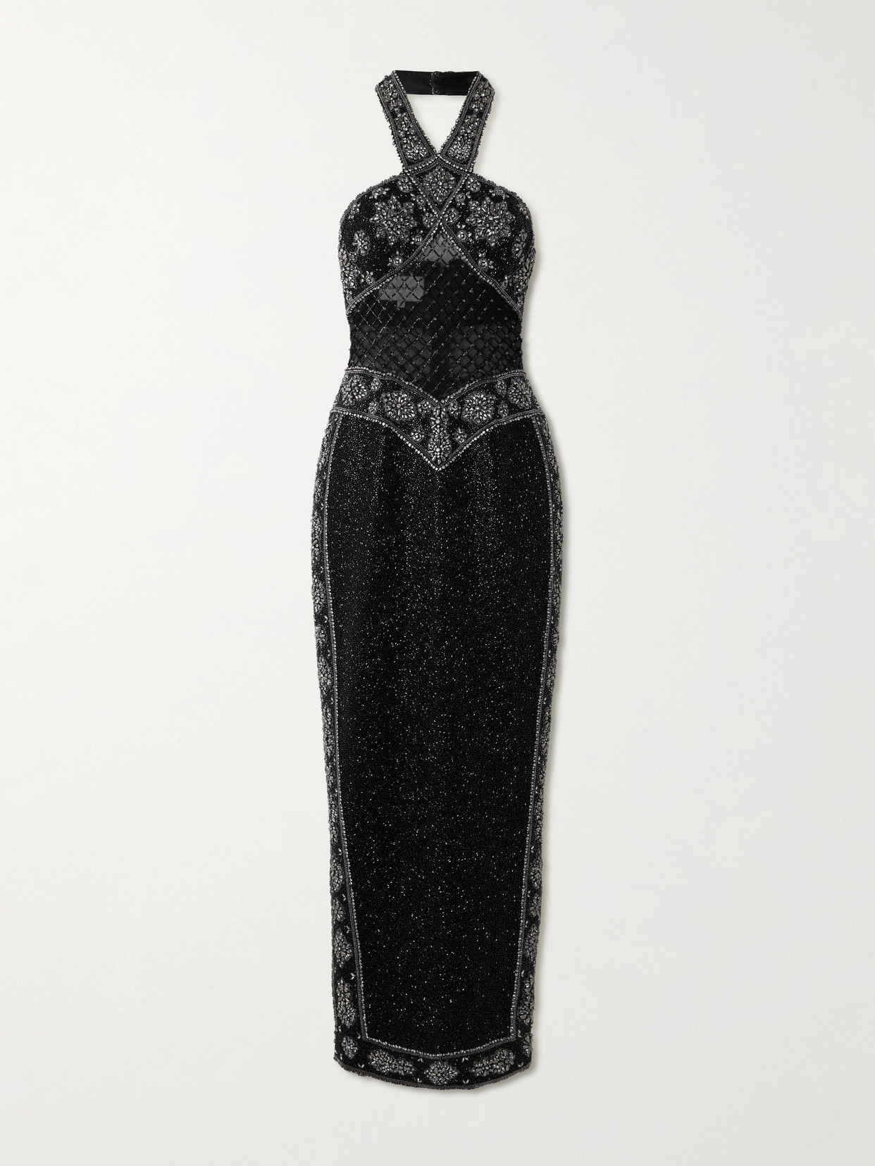 Clio Peppiatt Cyndi Cutout Embellished Mesh Halterneck Gown In Black