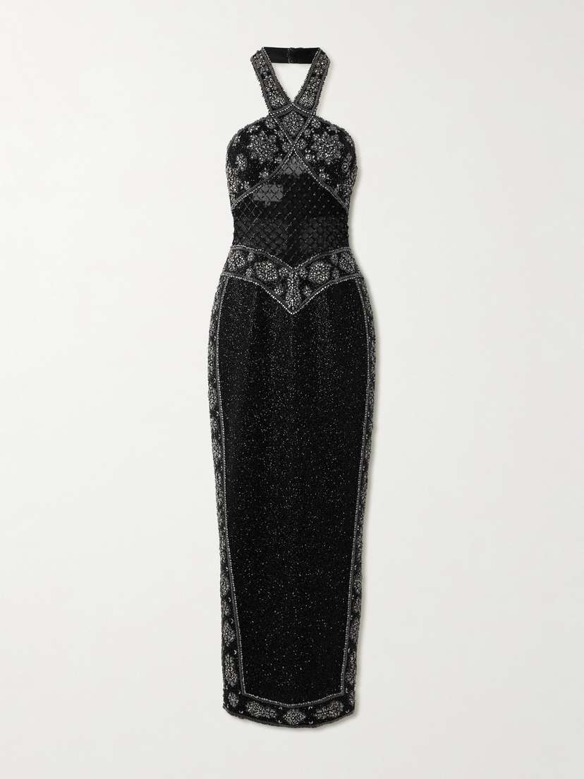 Clio Peppiatt Cyndi Cutout Embellished Mesh Halterneck Gown