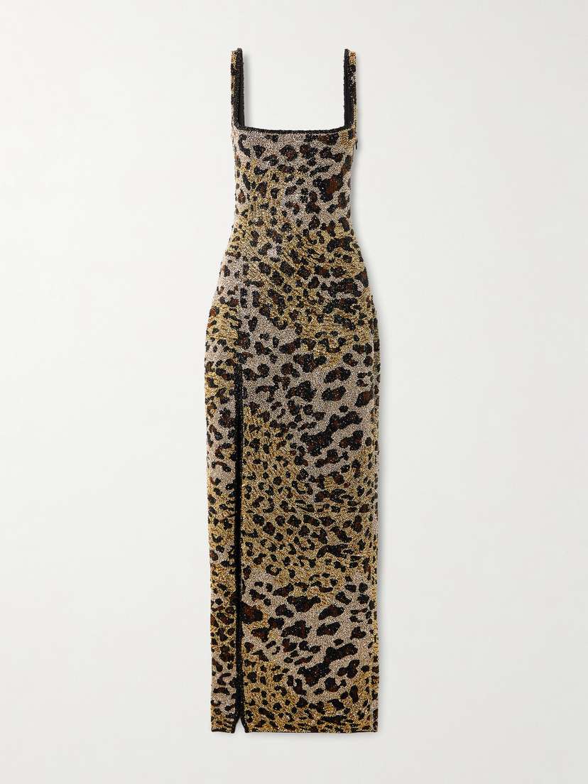 Clio Peppiatt Eartha Embellished Leopard-print Stretch-mesh Gown