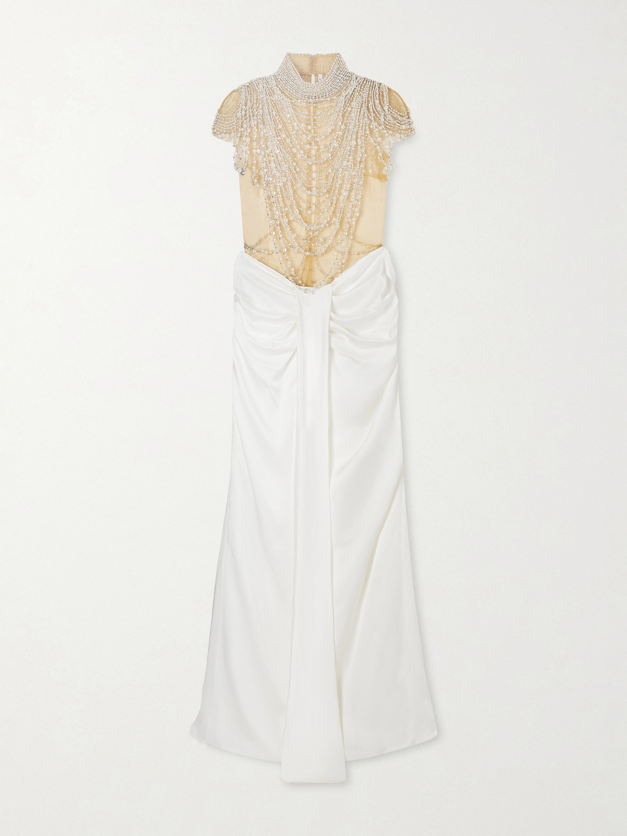 Clio Peppiatt Zsa Zsa Draped Gathered Embellished Mesh And Satin Gown In White